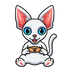 Cute devon rex cat cartoon holding food bowl