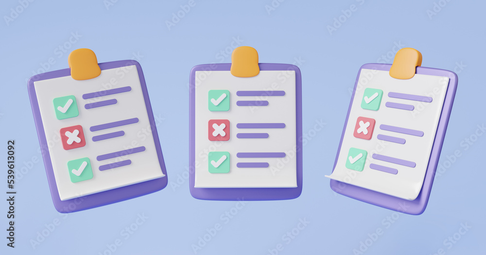 Aufkleber three checklist on clipboard paper set. exam information business document correct mark floating on 