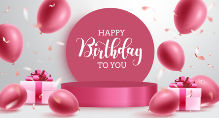 Birthday text vector template design. Happy birthday greeting in circle space with podium, balloons and gifts element for birth day celebration. Vector illustration.
