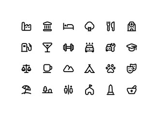 Cute map pointer outline icon set with places related line icons