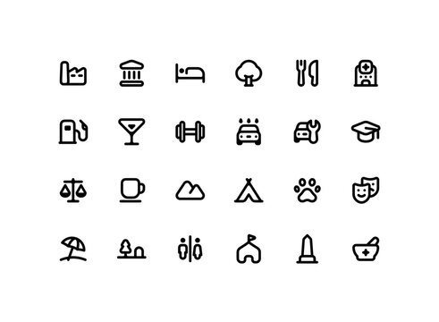 Cute map pointer outline icon set with places related line icons