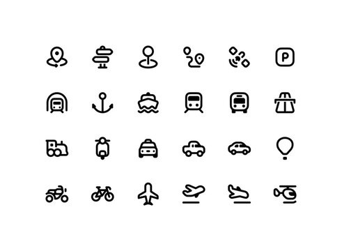 Cute map pointer outline icon set with transportation related line icons