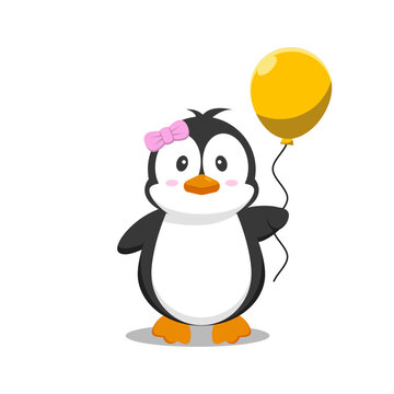 Kawaii cartoon penguin with yellow balloon and pink ribbon isolated on white background
