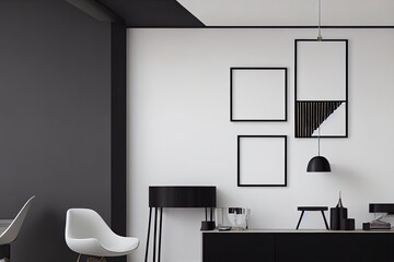 Blank white poster in black frame in stylish dining room with modern white furniture with golden details and wooden parquet. Mock up, 3D rendering