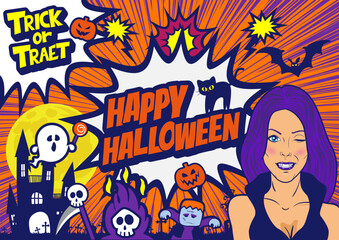 The pop-art face. Sexy surprised woman and Vampire's mouth. HALLOWEEN speech bubble illustration halftone dot comic. Comics book template background. Pop art colorful backdrop.