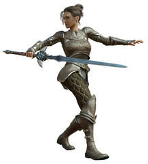 3D Rendered Female Warrior Isolated On Transparent Background Fighting With Sword - 3D Illustration