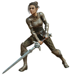 3D Rendered Female Warrior Isolated On Transparent Background Fighting With Sword - 3D Illustration
