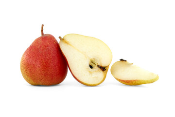 Whole and half cut pears on white background
