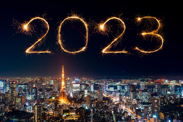 2023 happy new year fireworks over Tokyo cityscape at night, Japan.