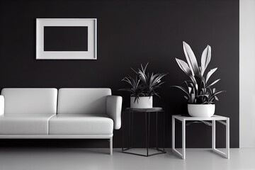 Minimal. Black or Gray living room interior with white fabric armchair, cabinet, coffee cup and plants on empty black or gray wall background.3d rendering.