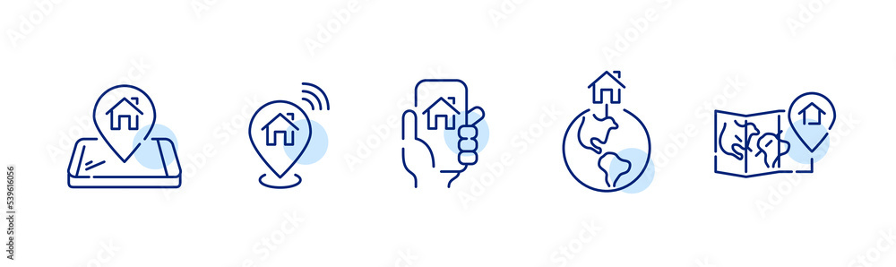 Poster set of home location icons. pointer on smart phone, earth globe and on map. pixel perfect, editable 