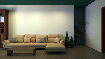 Simple and modern living room with sofa and green vases. 3D rendering