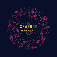 Seafood background for fish restaurant in magenta and blue colors. Vector illustration in hand drawn style