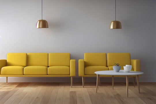 Living room with wooden table, lamps and yellow armchair, 3d rendering