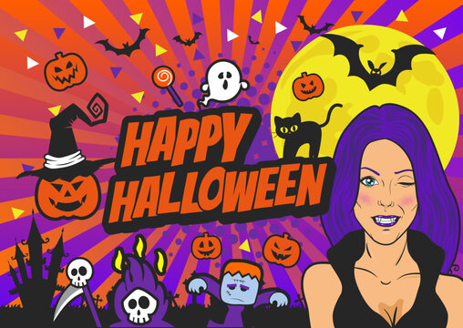 The pop-art face. Sexy surprised woman and Vampire's mouth. HALLOWEEN speech bubble illustration halftone dot comic. Comics book template background. Pop art colorful backdrop.