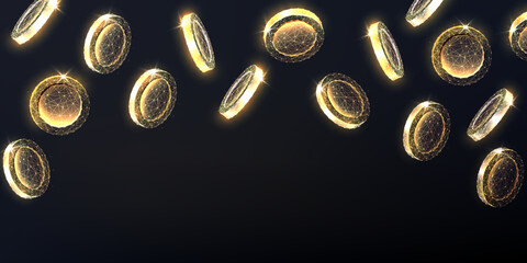 Abstract falling gold coins, money web banner with copy space for text on black background. - obrazy, fototapety, plakaty