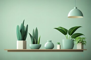 Stylish and scandinavian living room interior in a pastel green monochrome light blue color with plant pots. 3D rendering for web pages, presentations or backgrounds.