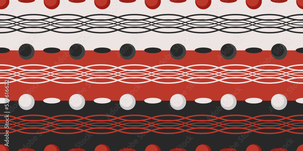 Poster Pattern of black and white and red elements. Wavy stripes and dots in a row. Vector and seamless original tricolor pattern.