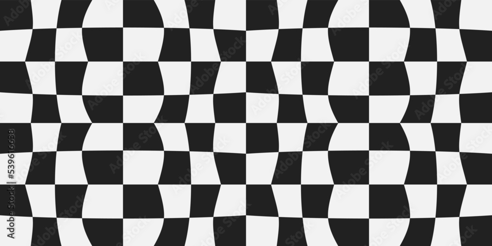 Aufkleber Checkerboard warped and seamless pattern. Black and white cellular grid. Black and white vector pattern from chess cells.