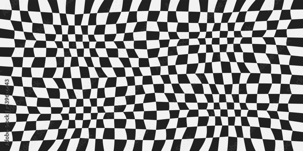 Poster Checkerboard warped and seamless pattern. Black and white cellular grid. For the design of seamless surfaces.