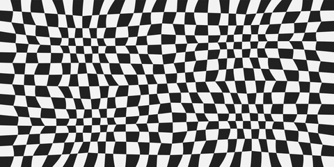 Checkerboard warped and seamless pattern. Black and white cellular grid. For the design of seamless surfaces.