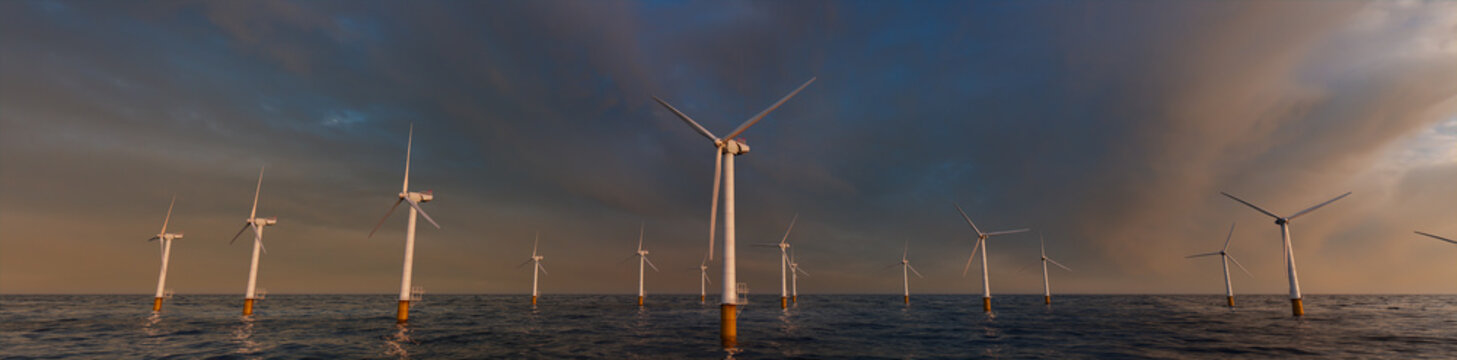 Wind Turbines. Offshore Wind Farm at Sunset. Clean Energy Concept.