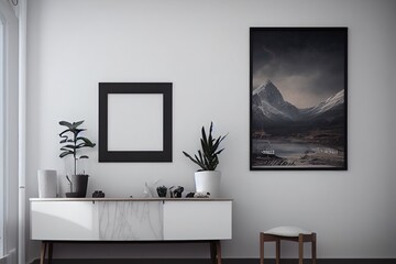 Mock up poster frame close up in living room interior, Scandinavian style, 3d render
