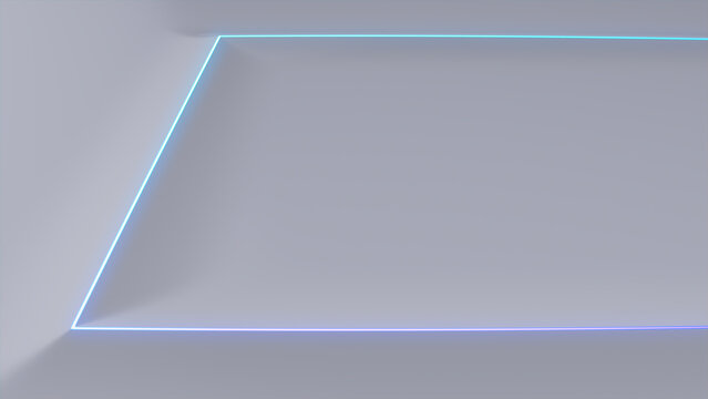 White Surface with Embossed Shape and Blue Illuminated Trim. Tech Background with Neon Rectangle. 3D Render.