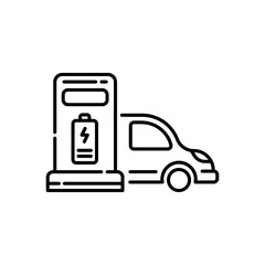 Electric car charging line icon with battery indicator vector graphic