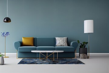 stylish modern interior of living room with trending home accessories, marble coffee table, dried flowers, and blue sofa, 3D render, 3D illustration