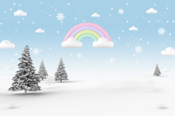 Winter landscape background with falling snow on sunny day for Christmas and New Year in pastel tone colors. 3D rendering.