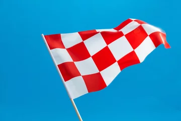 Stof per meter Checkered flag waving on blue background © xy