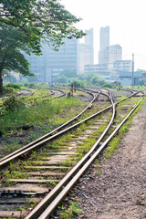 Naklejka premium Cargo train platform at sunset with container