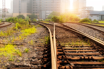 Obraz premium Cargo train platform at sunset with container