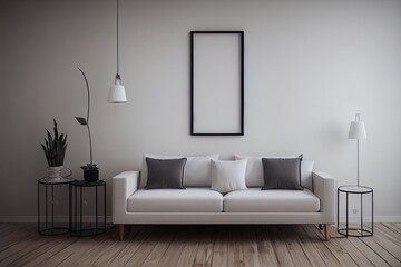 Mockup frame in white cozy living room interior background, 3d render