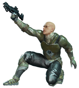3D Rendered Futuristic Soldier on Transparent Background Fighting With Modern Weapon - 3D Illustration