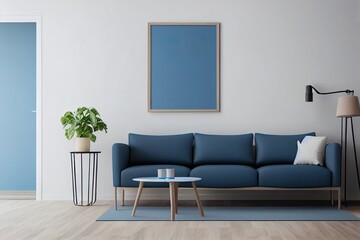 Elegant composition of living room interior with blue commode, mock up poster frame, side table, lamp, beige carpet and lamp. Creative home decor. Template.