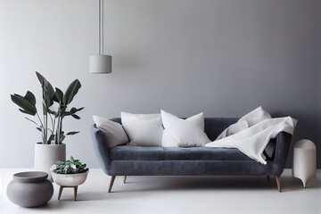 Modern interior design, in a spacious room, next to a table with flowers against a gray wall. Bright, spacious room with a comfortable sofa, plants and elegant accessories.