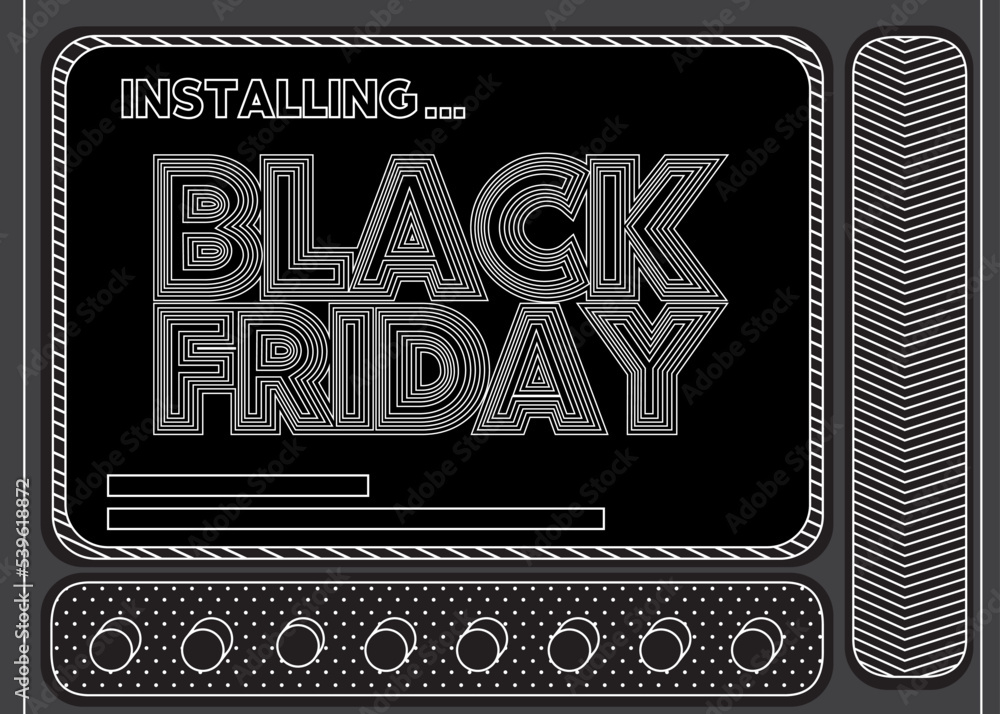 Poster cartoon computer with the word black friday. message of a screen displaying an installation window.