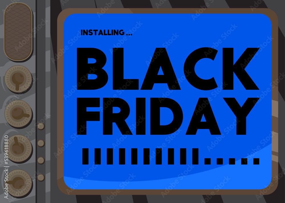 Poster cartoon computer with the word black friday. message of a screen displaying an installation window.