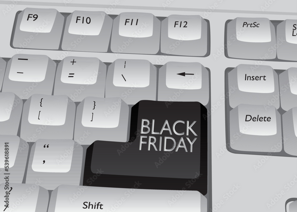 Poster computer keyboard with black friday text. close-up of an electronic computer device part, keypad.