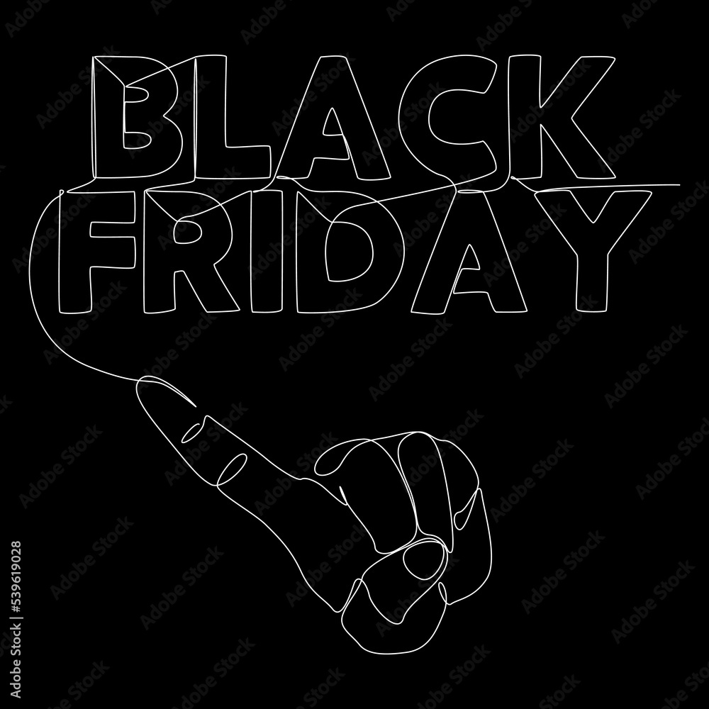 Poster one continuous line of index finger pointng at black friday word. thin line illustration vector conc