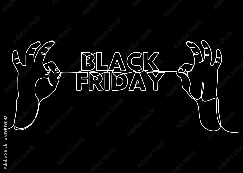 Poster one continuous line of two hand holding a string with black friday word. thin line illustration vect