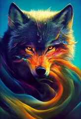 Abstract Liquid Colorful Paint with Wolf Background. Fearful Wolf Appear from Colorful Oil Paint Illustration
