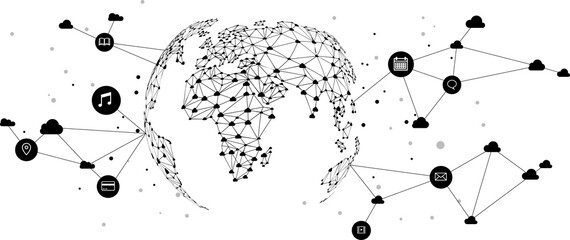 World Globe with cloud icon polygon dot connected line. Concept of cloud technology for human lifestyle