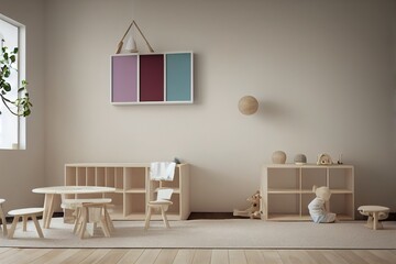 Mock up frame in children room with natural wooden furniture, Scandinavian style interior background, 3D render