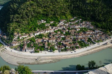 Drone shot of Berat's townscape in Albania