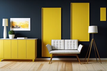 Mockup frame on cabinet in living room interior on empty yellow wall background.3D rendering