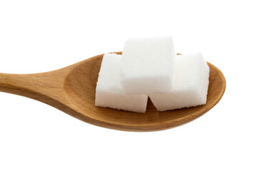 Sugar cubes in wooden spoon on white background