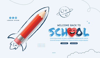 Naklejka premium Back to School background with Red pencil rocket launching to space. Online learning and Web page template, Digital Education concept
